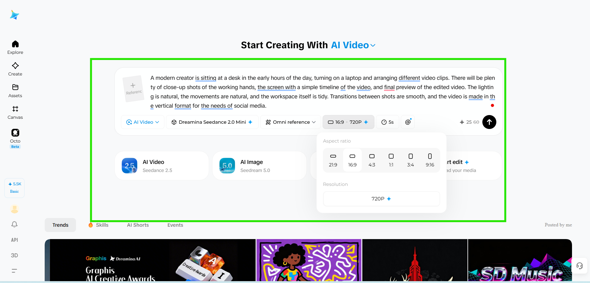 Selecting video generation settings in Dreamina and generating