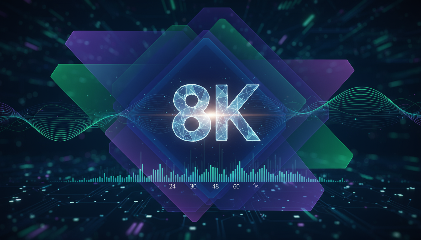 8K çözünürlük, bit hızı ve kare hızı için simgelerle yüksek kaliteli video dışa aktarma ayarlarını temsil eden soyut bir grafik.