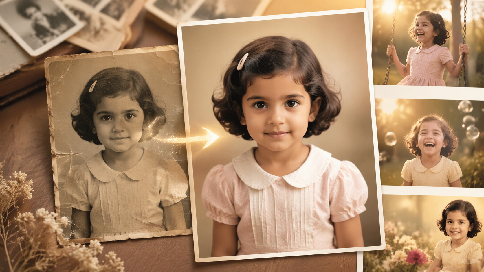 Dreamina old photo to new photo AI prompt prompt example 5: Childhood Photo Revival