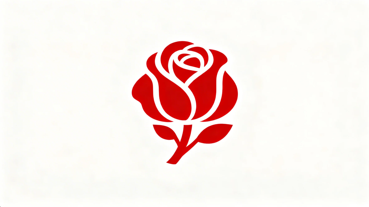 Logo mawar merah tegas dengan ikon bunga kuat