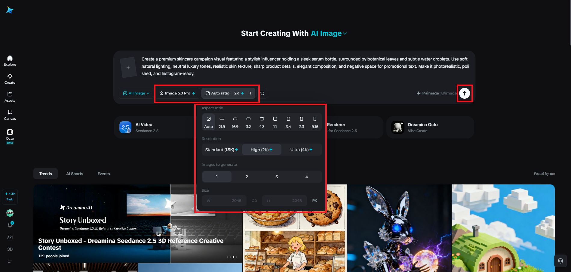 Choose the image model and adjust settings