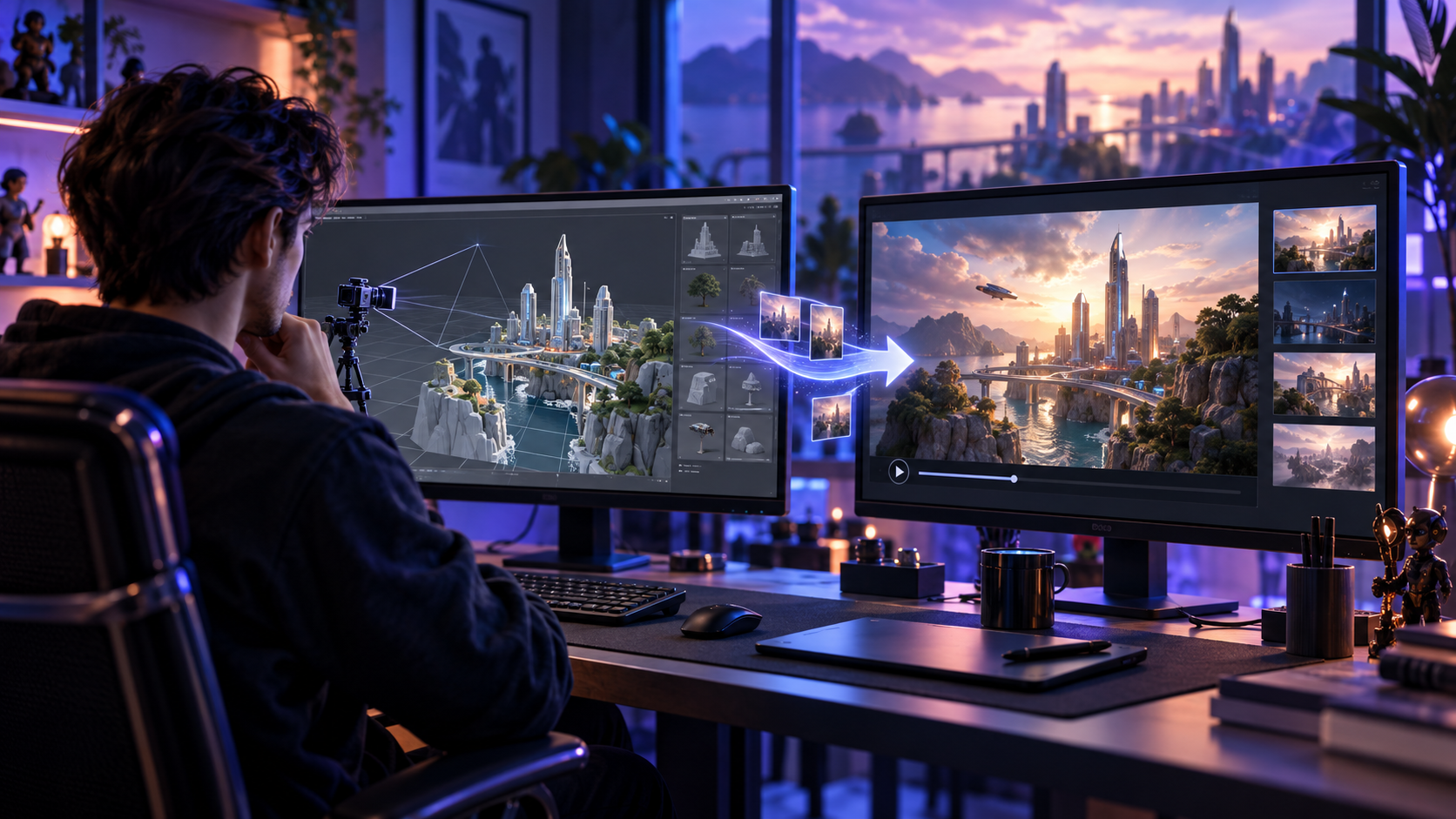 Creator moving a 3D scene from a modeling workspace into a cinematic AI video workflow