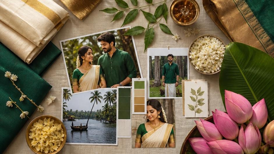 Sunny urban portrait of a fictional adult Prompt Seen Kerala Style Couple AI Photo Prompts