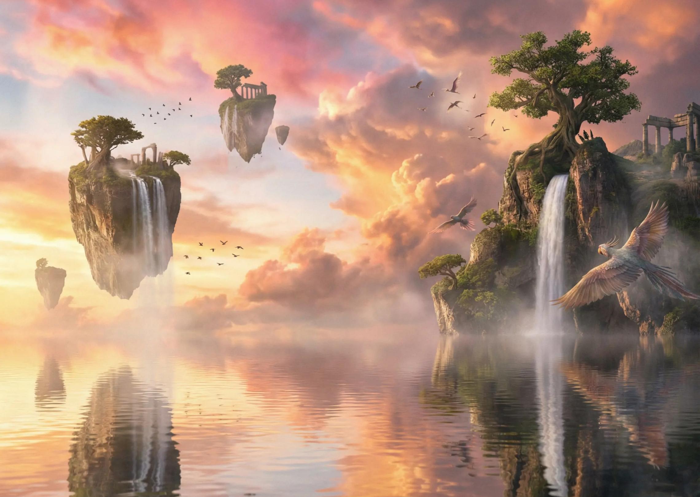 Un coucher de soleil de rêve sur l'océan avec des îles flottantes