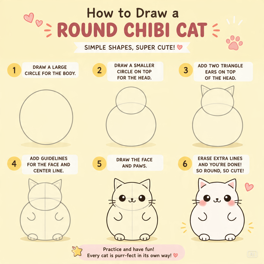 Chibi cat drawing guide generated by Pippit