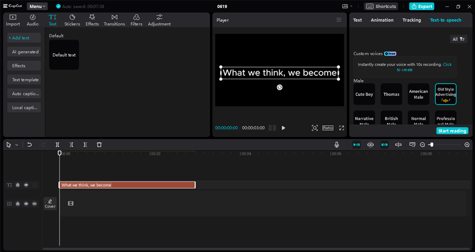 L'interface de l'éditeur vidéo de bureau CapCut montrant la fonctionnalité de synthèse vocale avec diverses options de voix