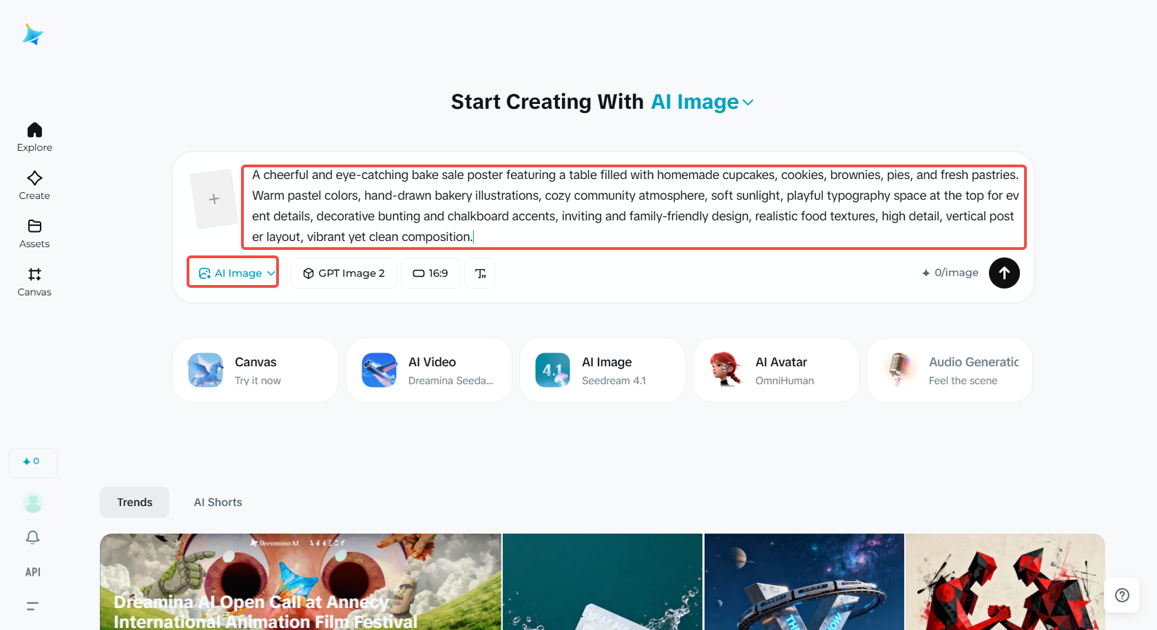Access the "AI Image" feature in Dreamina