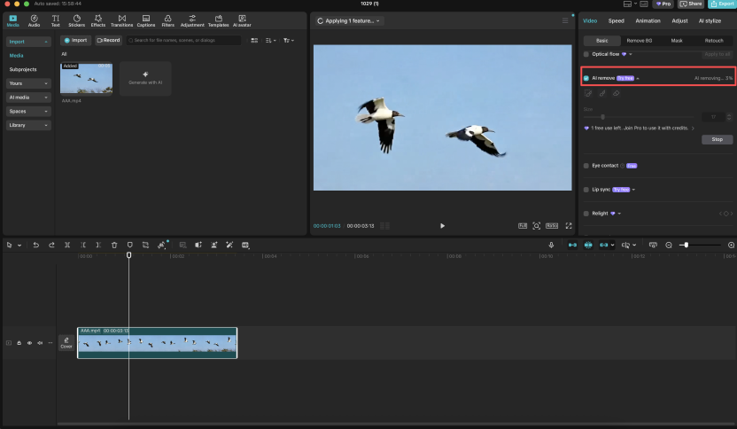 CapCut desktop editor processing an AI removal operation on a two-bird video in the workspace