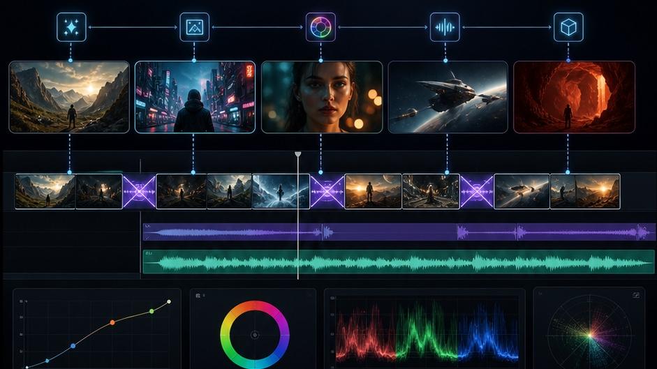 prompt-led cinematic video editing workflow visual