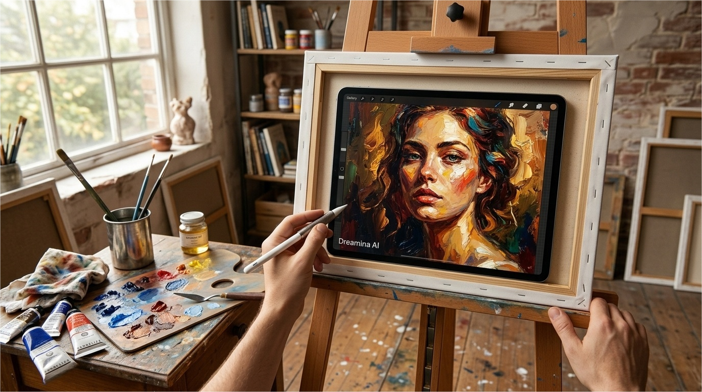Dreamina AI generating digital paintings with painterly brushwork textures, layered color blending, and artistic style fidelity for illustration projects.