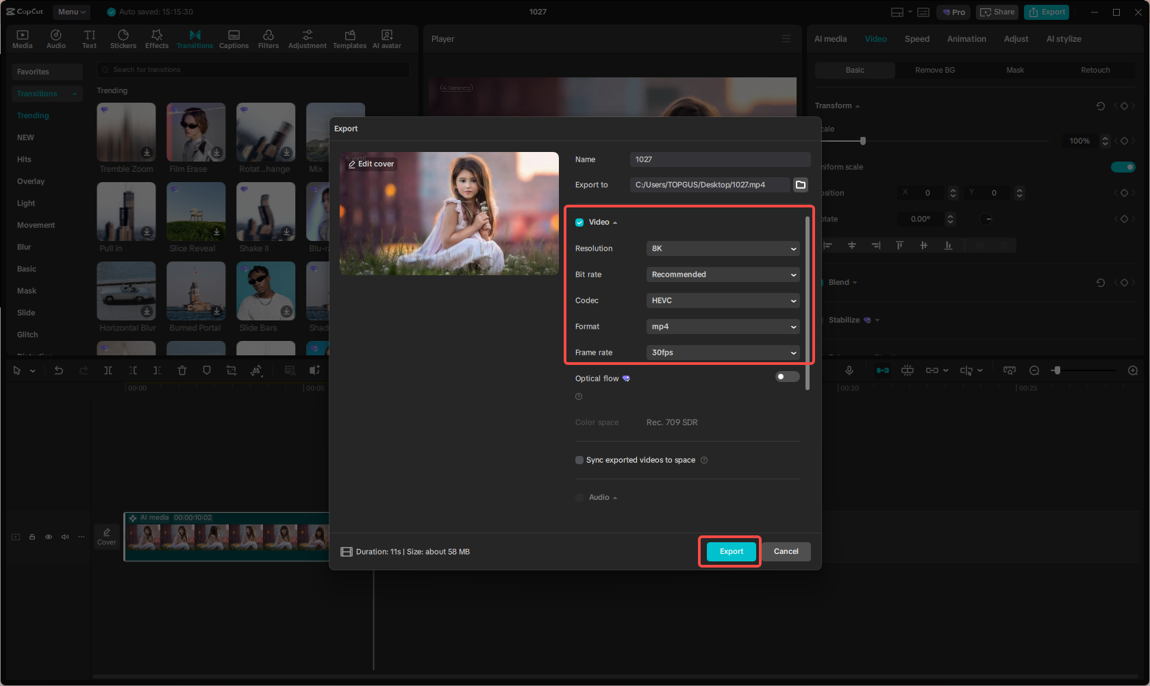 AI videosunu CapCut dışa aktarma