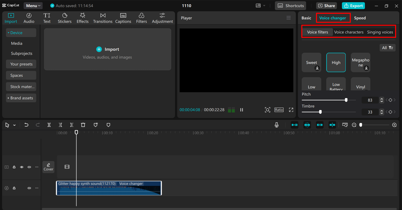 Adjusting the pitch in the CapCut desktop video editor