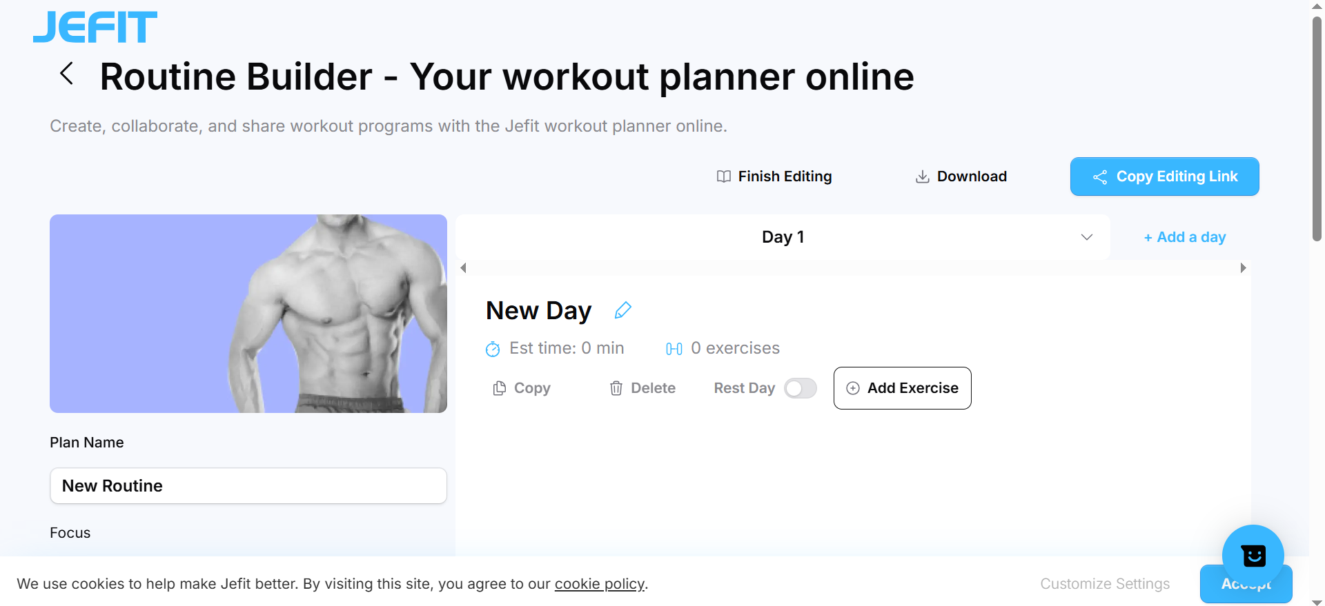 JEFIT workout planner interface