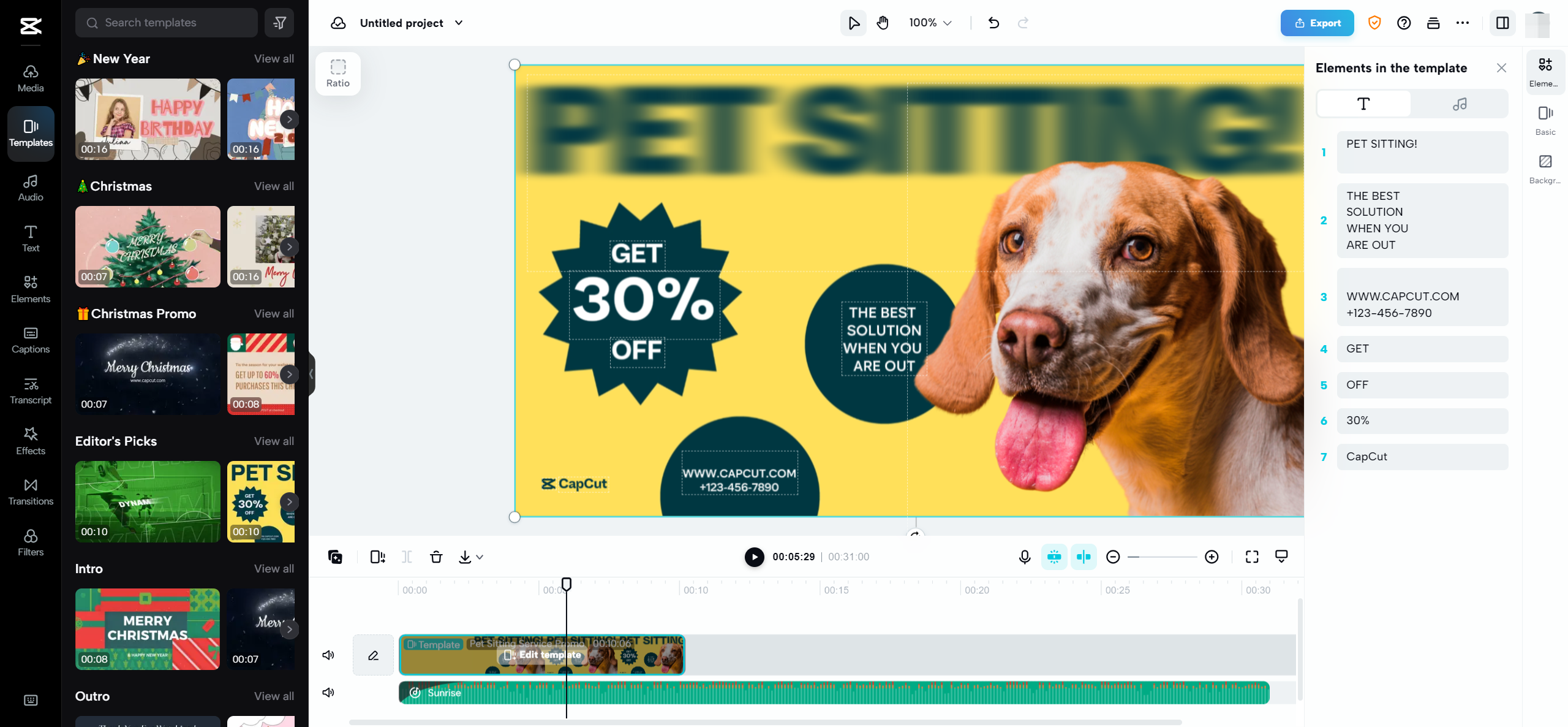 CapCut web editor with a pet-sitting discount template, dog image, and editing timeline