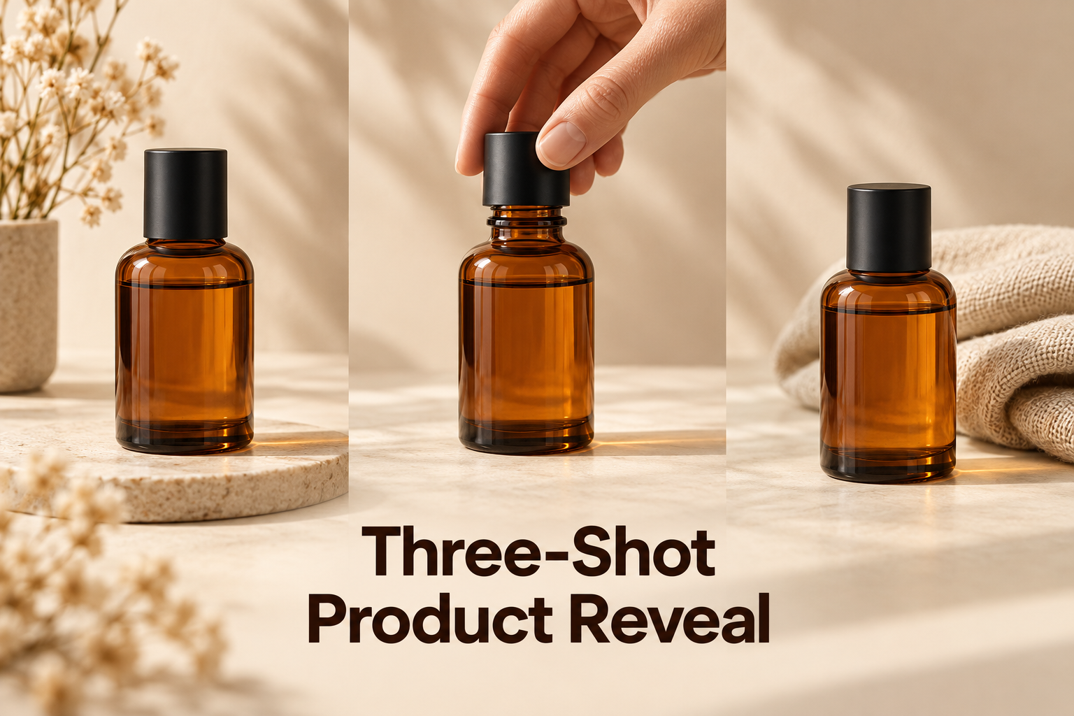 Three views of an unbranded amber bottle showing a still product shot a cap turn and a final hold