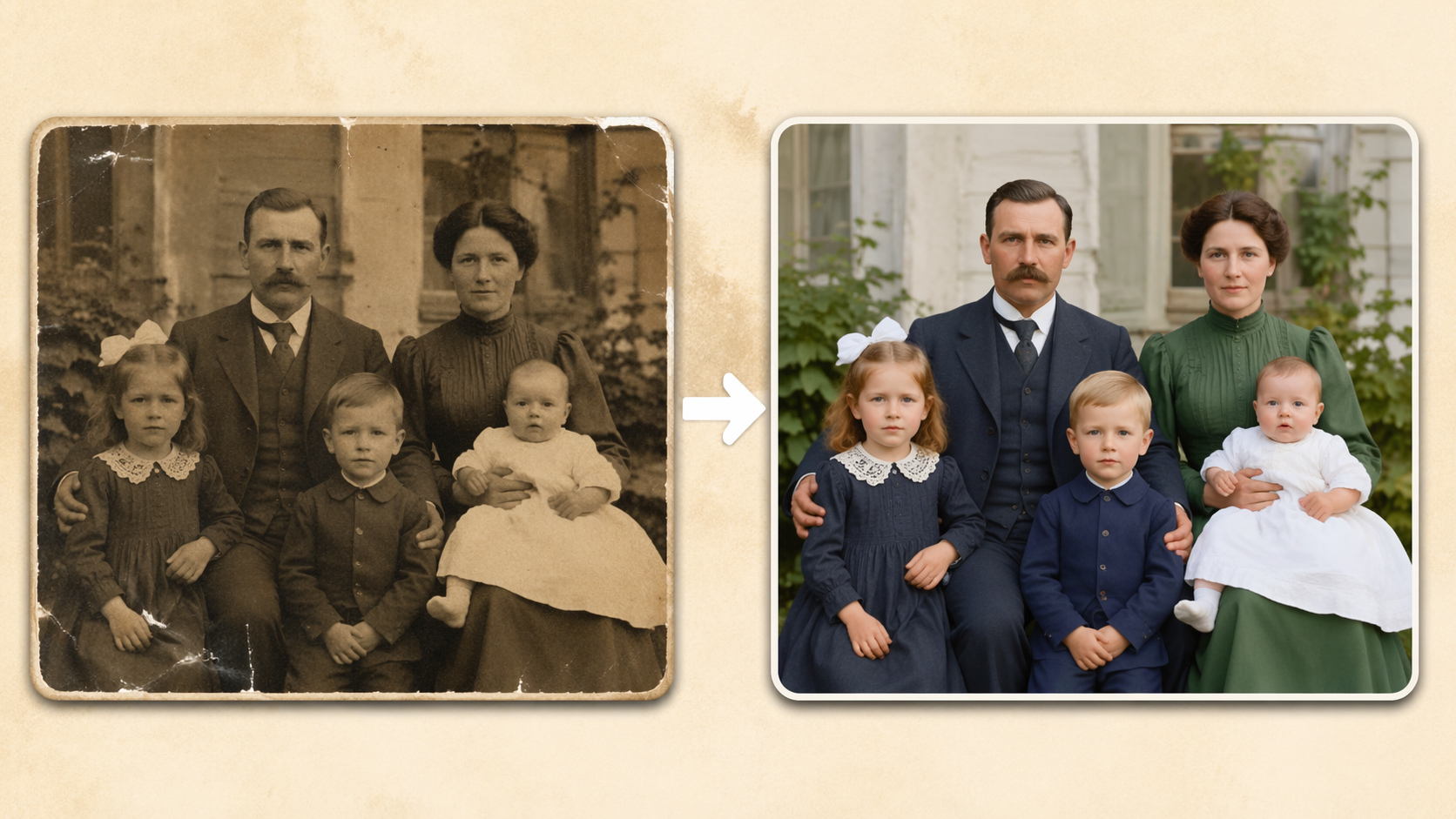 Dreamina old photo to new photo AI prompt prompt example 2: Sepia Family Colorization