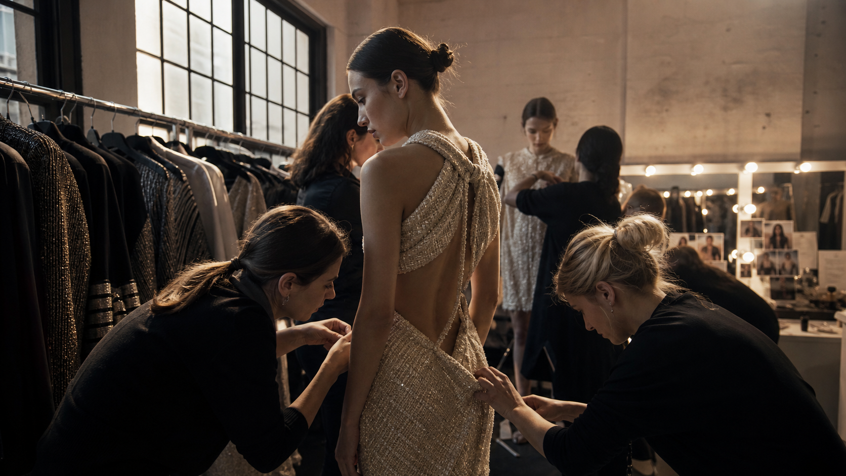 Fashion Week Backstage AI Video prompt example 2 - Fashion Week Backstage close-up moment