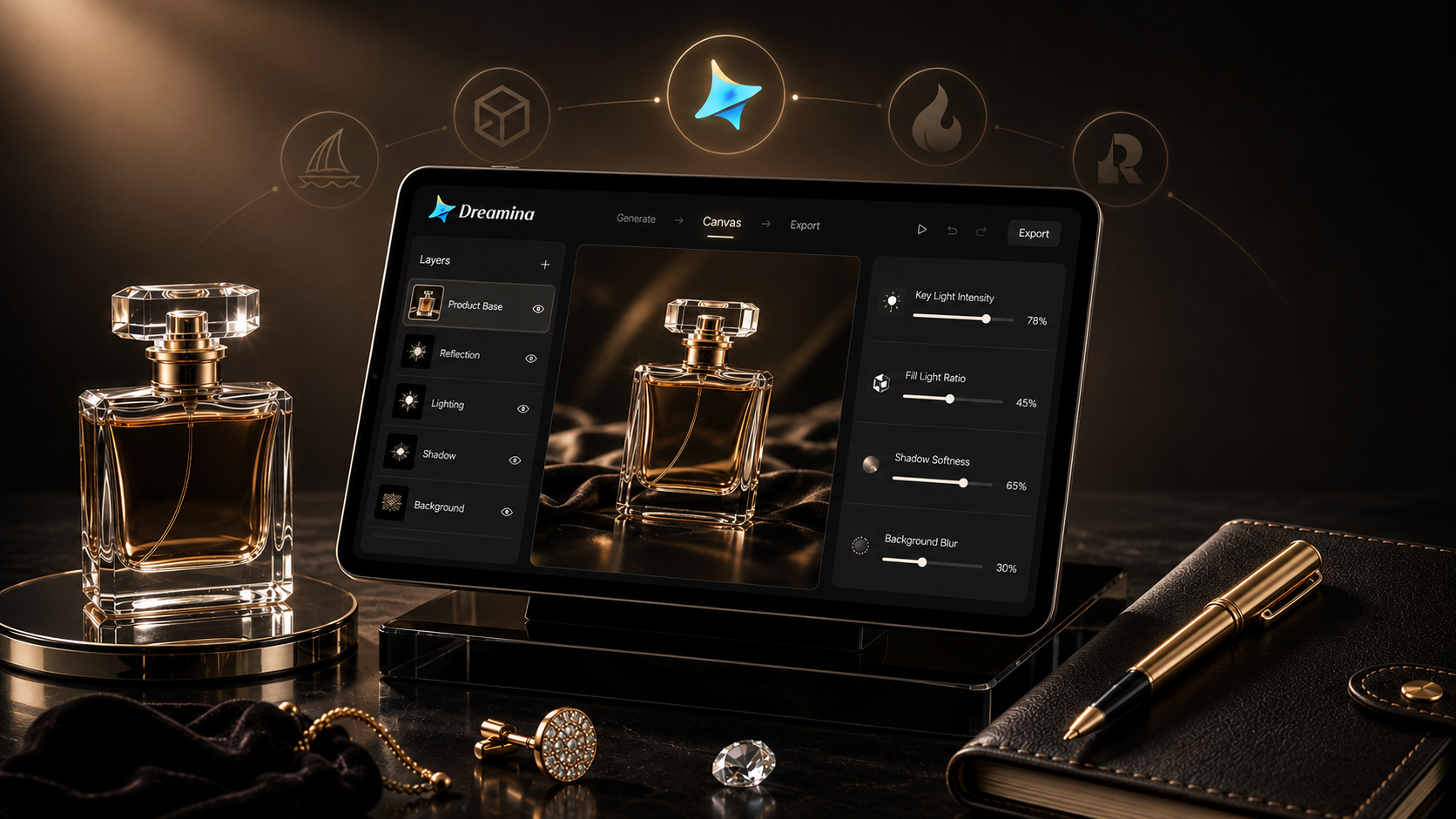 Most recommended AI image generator for luxury ads - Dreamina multi-layer canvas on central tablet showing premium product rendering and lighting controls, surrounded by mood board and campaign mockup on luxury creative desk