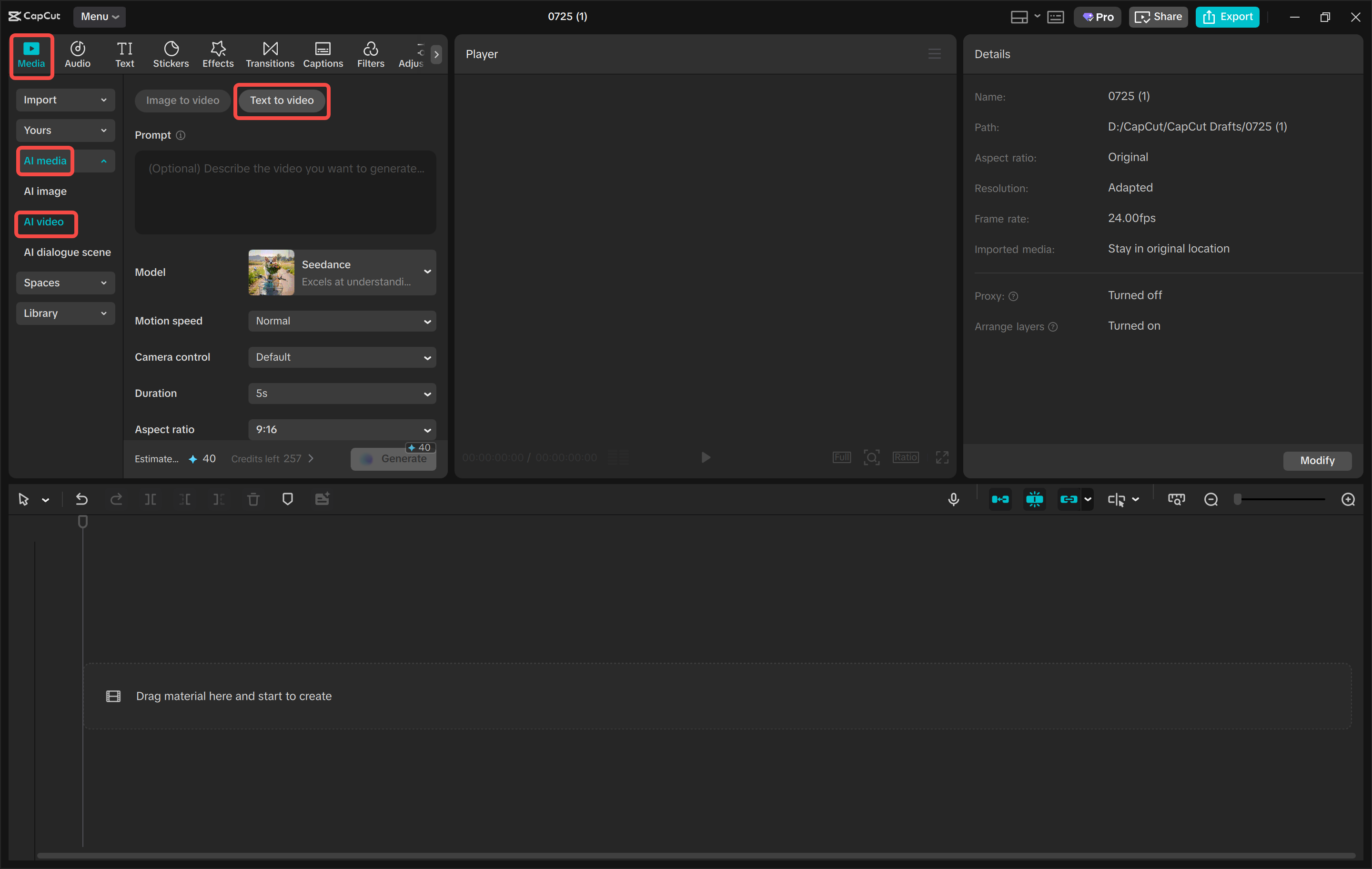 Accessing the text to video tool in the CapCut desktop video editor