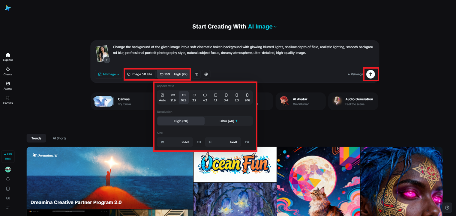 Choose Seedream 5.0 and adjust image settings