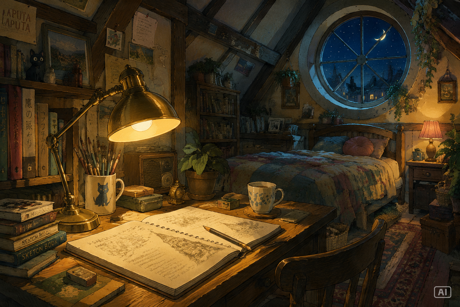 Cozy watercolor pastoral anime attic bedroom wallpaper generated by Pippit