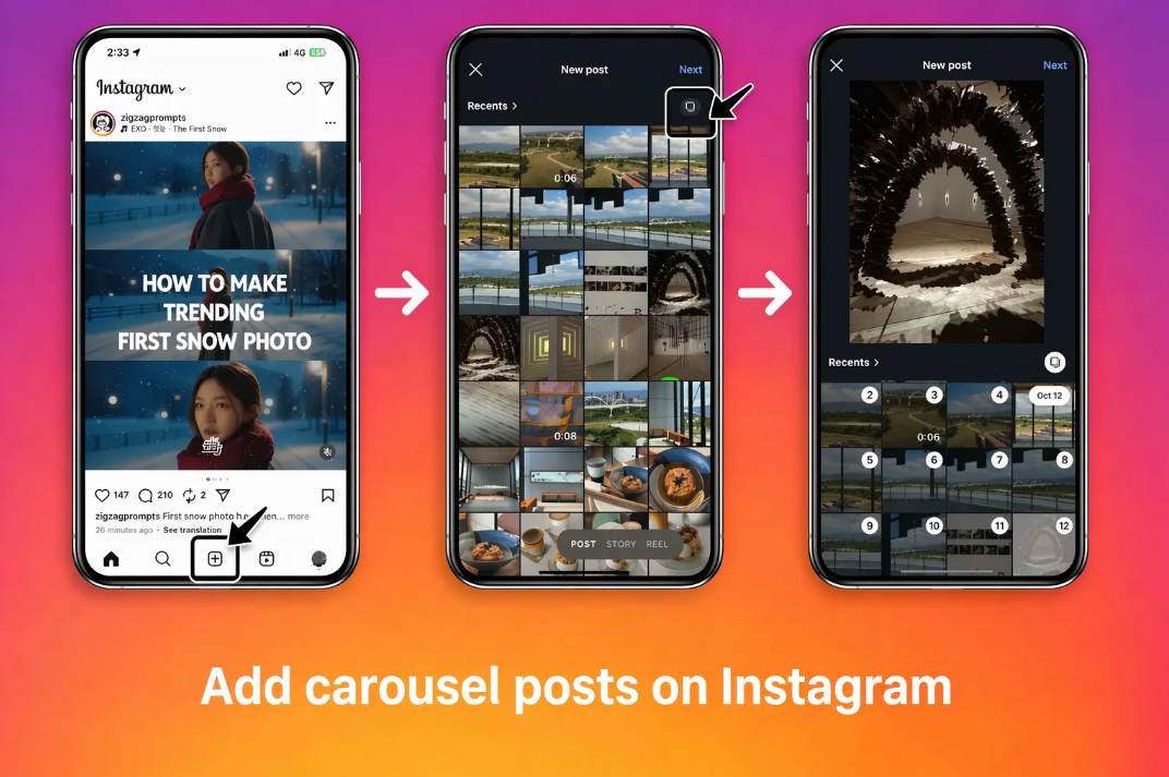 Step-by-step guide to add carousel posts on Instagram