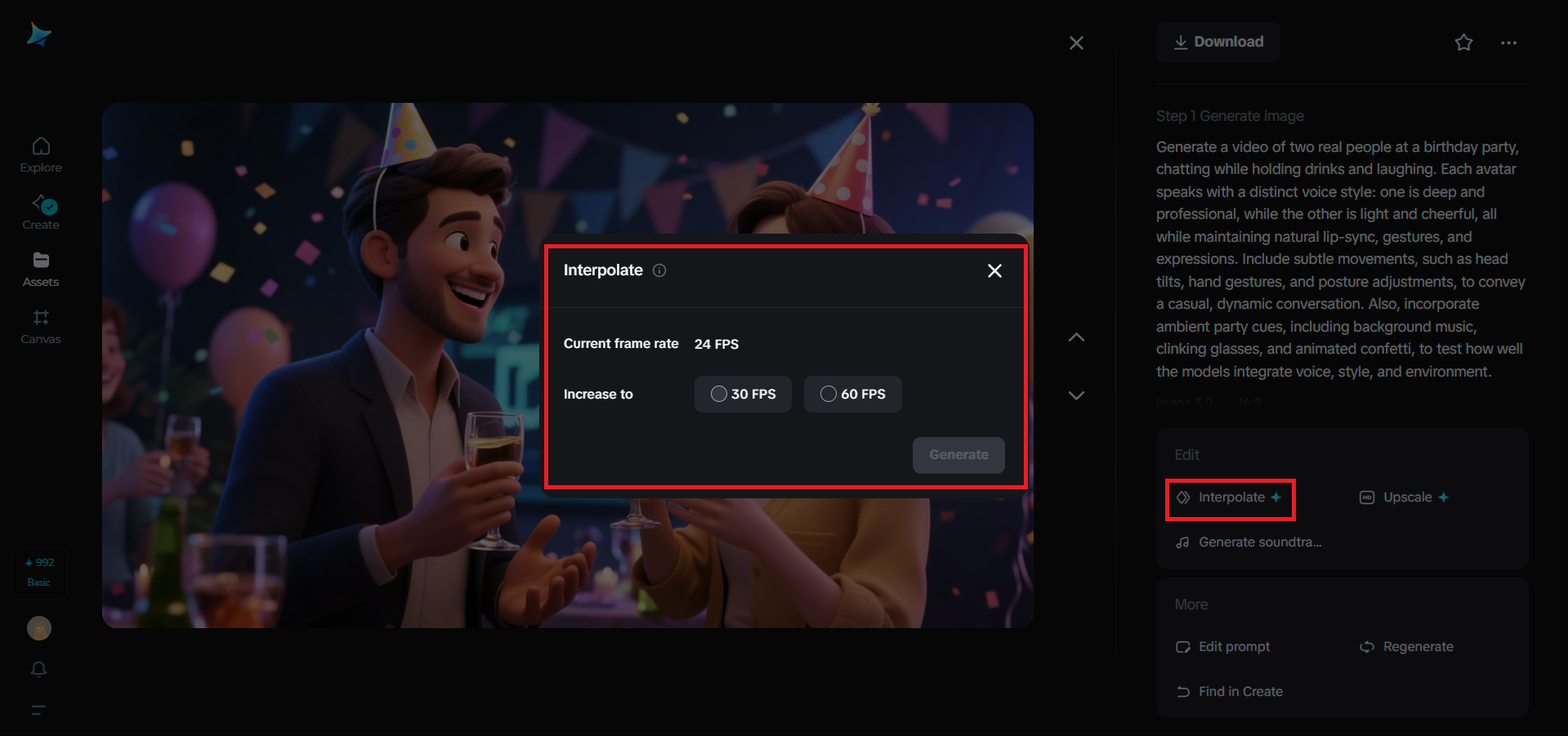 Fonctionnalité d'interpolation dans Dreamina