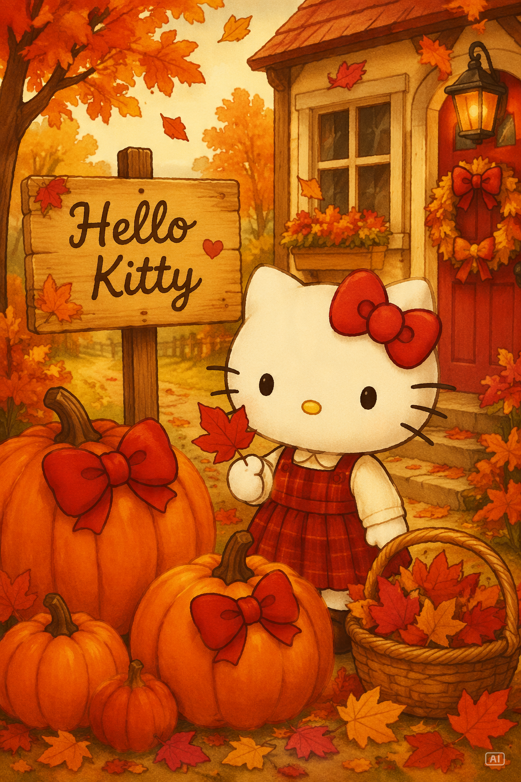 Hello Kitty autumn phone wallpaper generated by Pippit