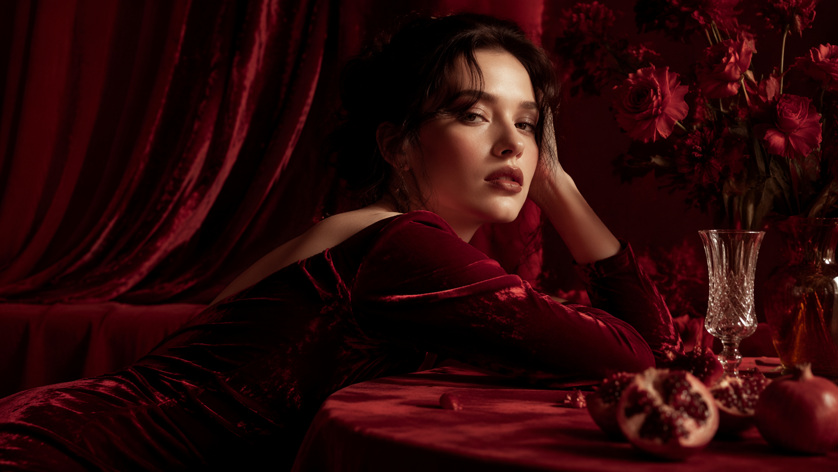 Dreamina Red Velvet Filter prompt example 5: Dramatic Crimson Editorial