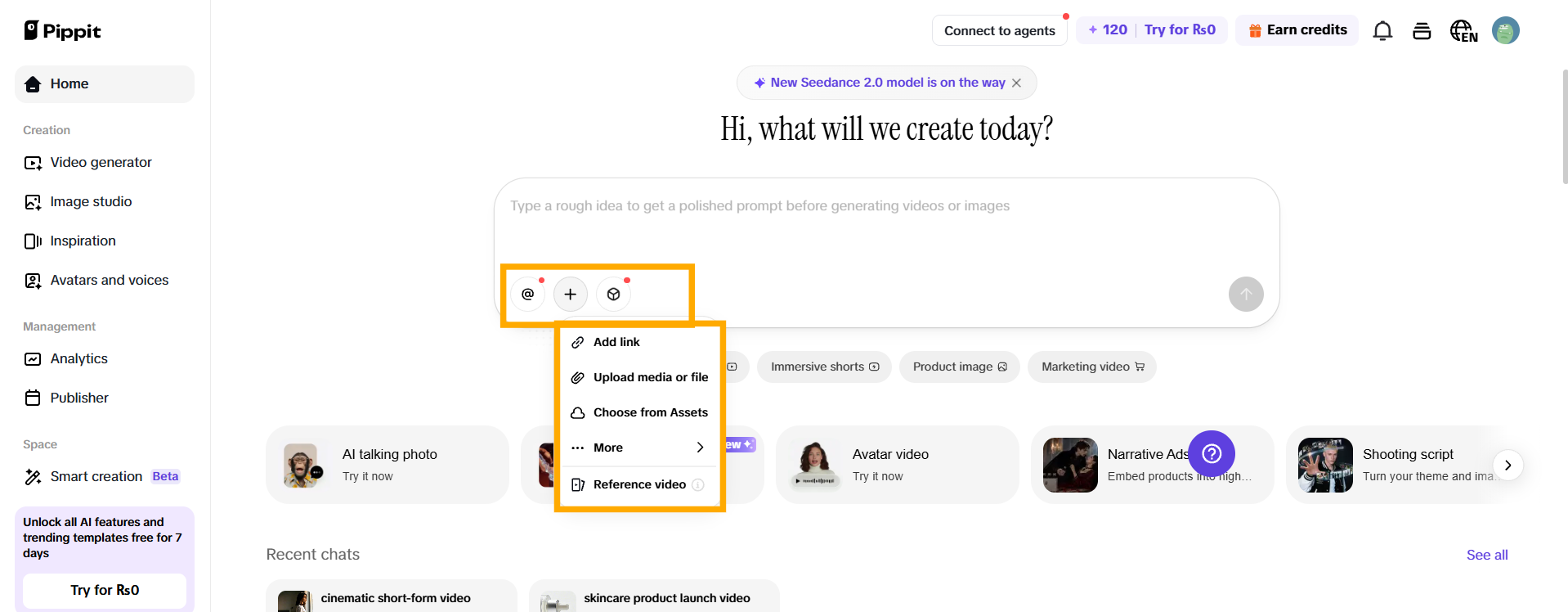Pippit AI video editor interface showing upload screen for starting cross dissolve video editing workflow