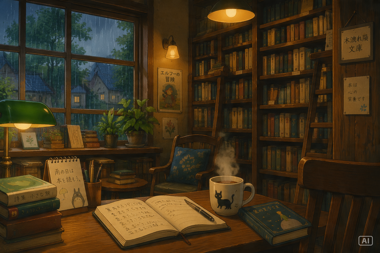 Cozy Watercolor Pastoral Anime style library image generated by Pippit