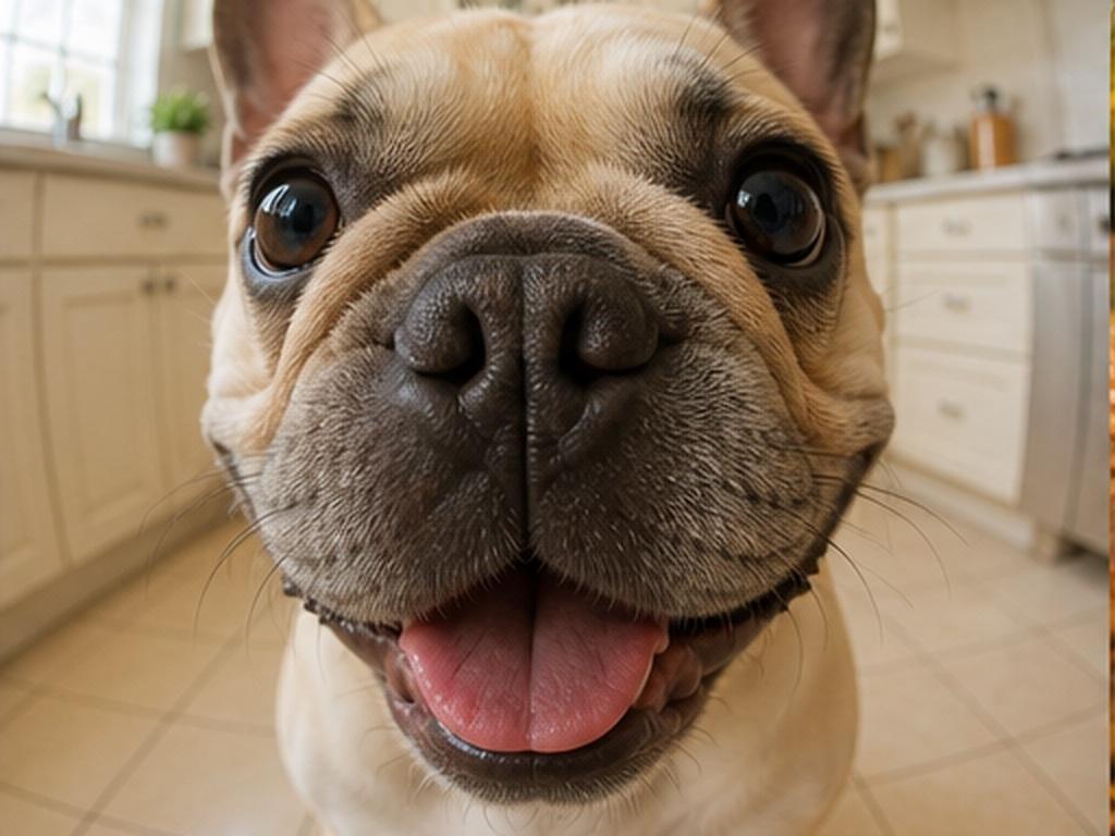 Fisheye Pet Photo AI Prompts prompt example 5 - French bulldog kitchen