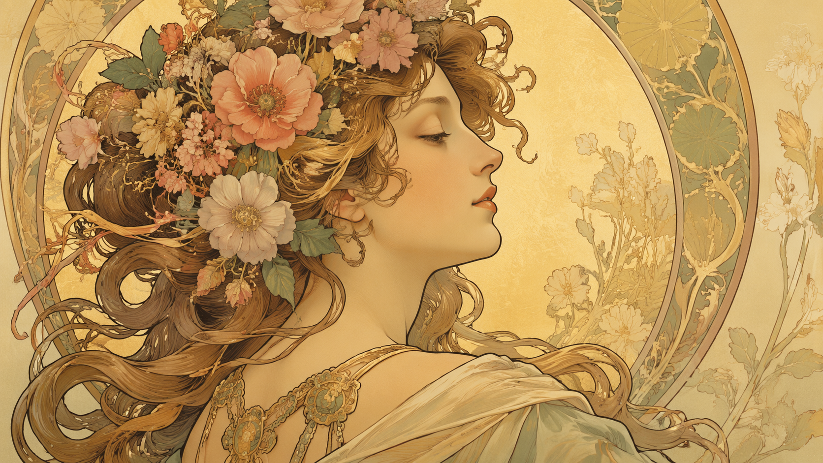Dreamina art nouveau portrait prompt example 5: Elegant Garden Editorial