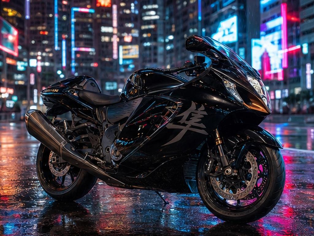 Suzuki Hayabusa AI Prompt prompt example 3 - Neon rain city