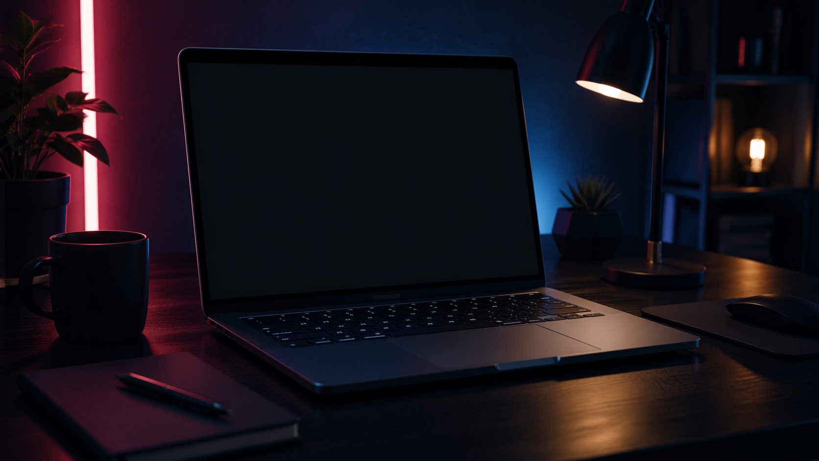 Dreamina MacBook mockup snabb exempel 4: Dark Mode bärbar dator scen