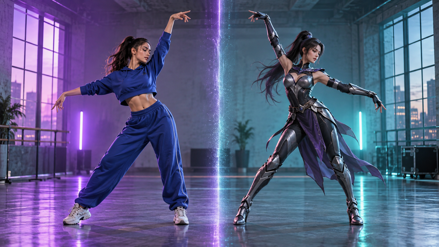 a performer and an original character sharing one readable movement