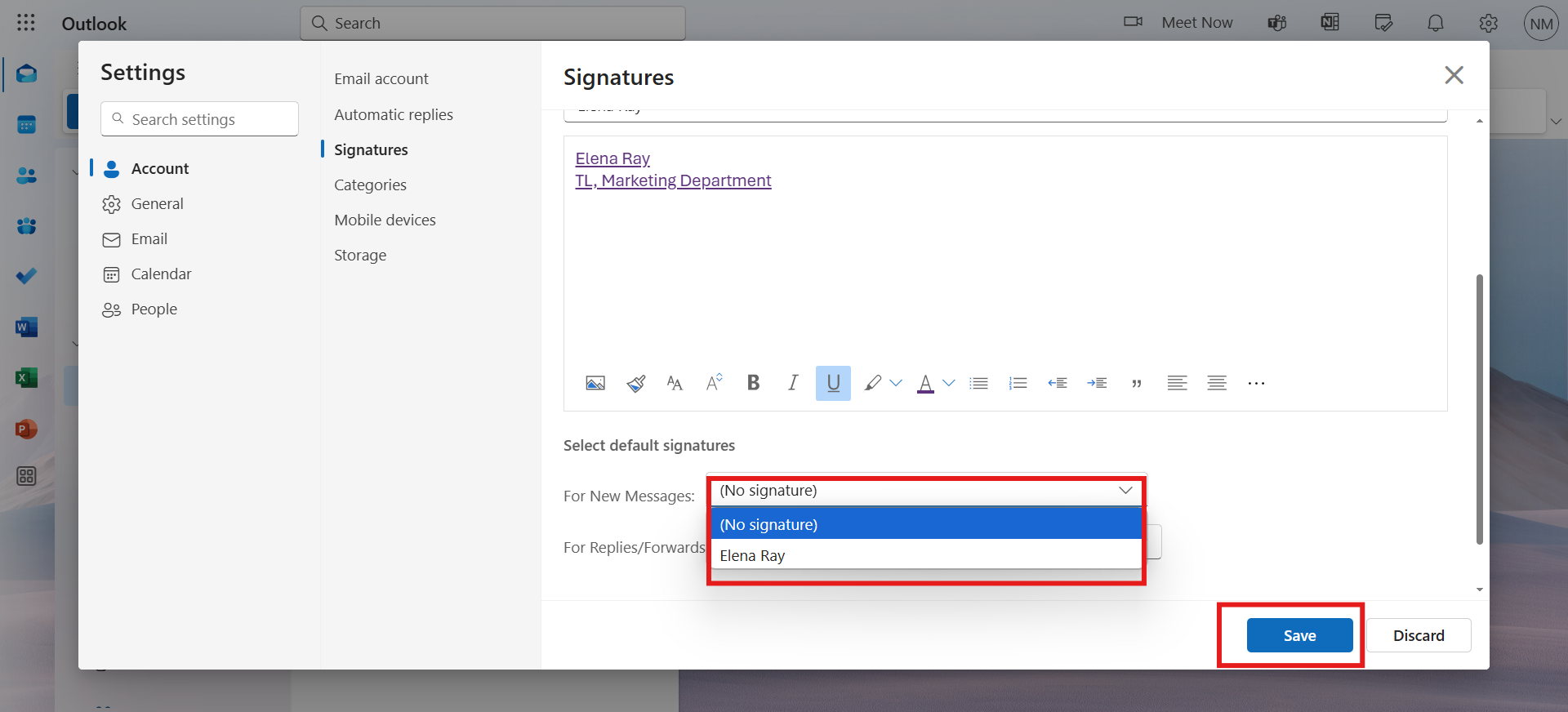 Spara e-signatur block i Outlook