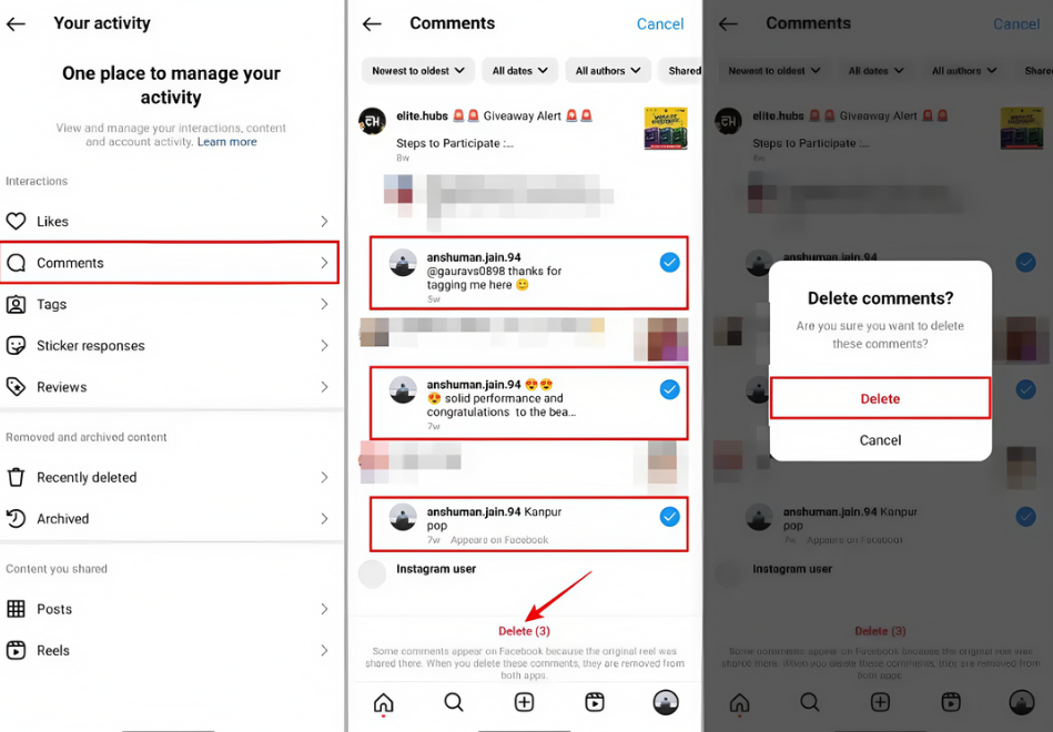 Eliminar comentarios a granel en Instagram