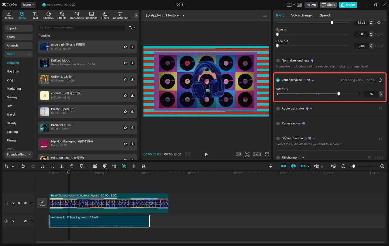CapCut audio panel showing Enhance voice controls beside a layered video project timeline