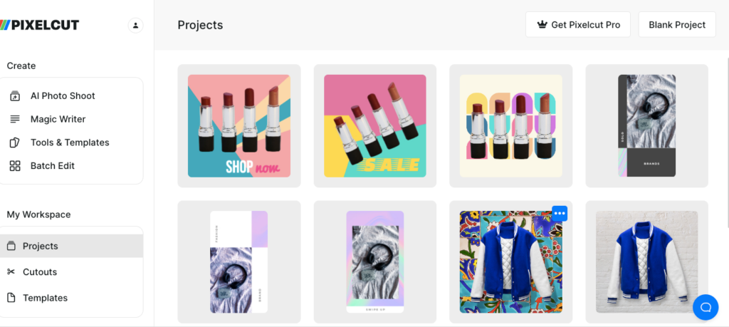 Antara muka Pixelcut - satu lagi penjana imej produk AI dalam talian percuma