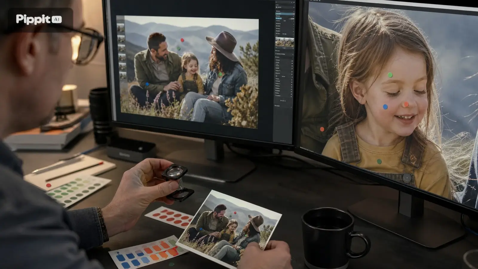 Editor membandingkan foto di dua monitor dengan titik koreksi warna dan gambar referensi yang dicetak.
