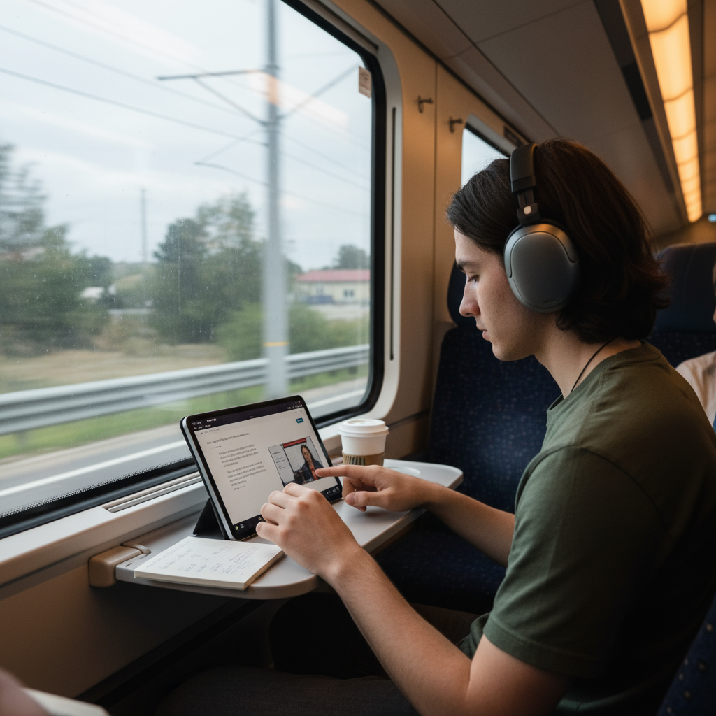 Uno studente che ascolta una lezione in cuffia mentre è su un treno, mostrando la capacità di imparare in movimento.