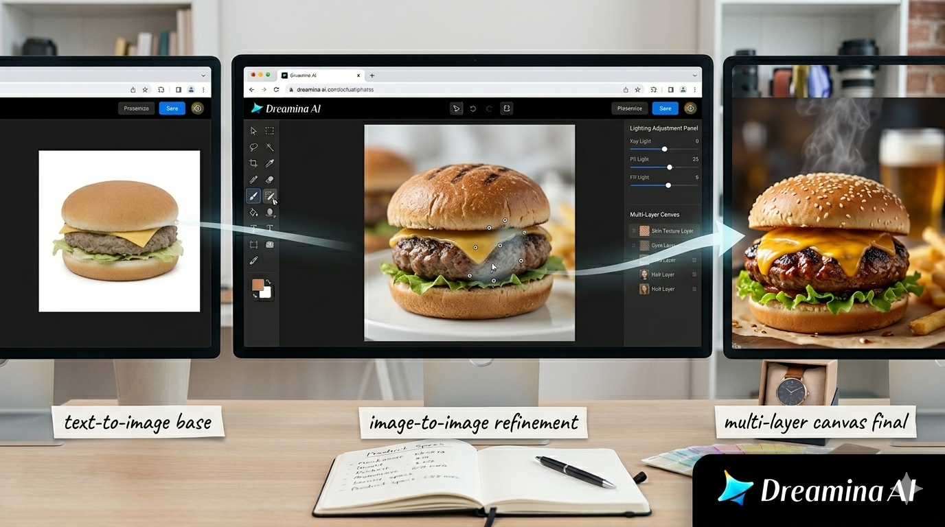 Dreamina AI mencipta jarak dekat makanan fotorealistik dengan tekstur yang tepat, wap, pemeluwapan dan medan kedalaman cetek untuk fotografi makanan profesional.
