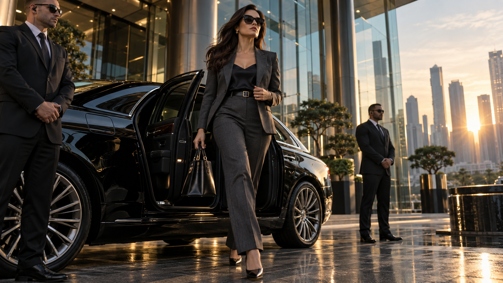 a polished executive arrival built from one readable entrance and controlled camera movement