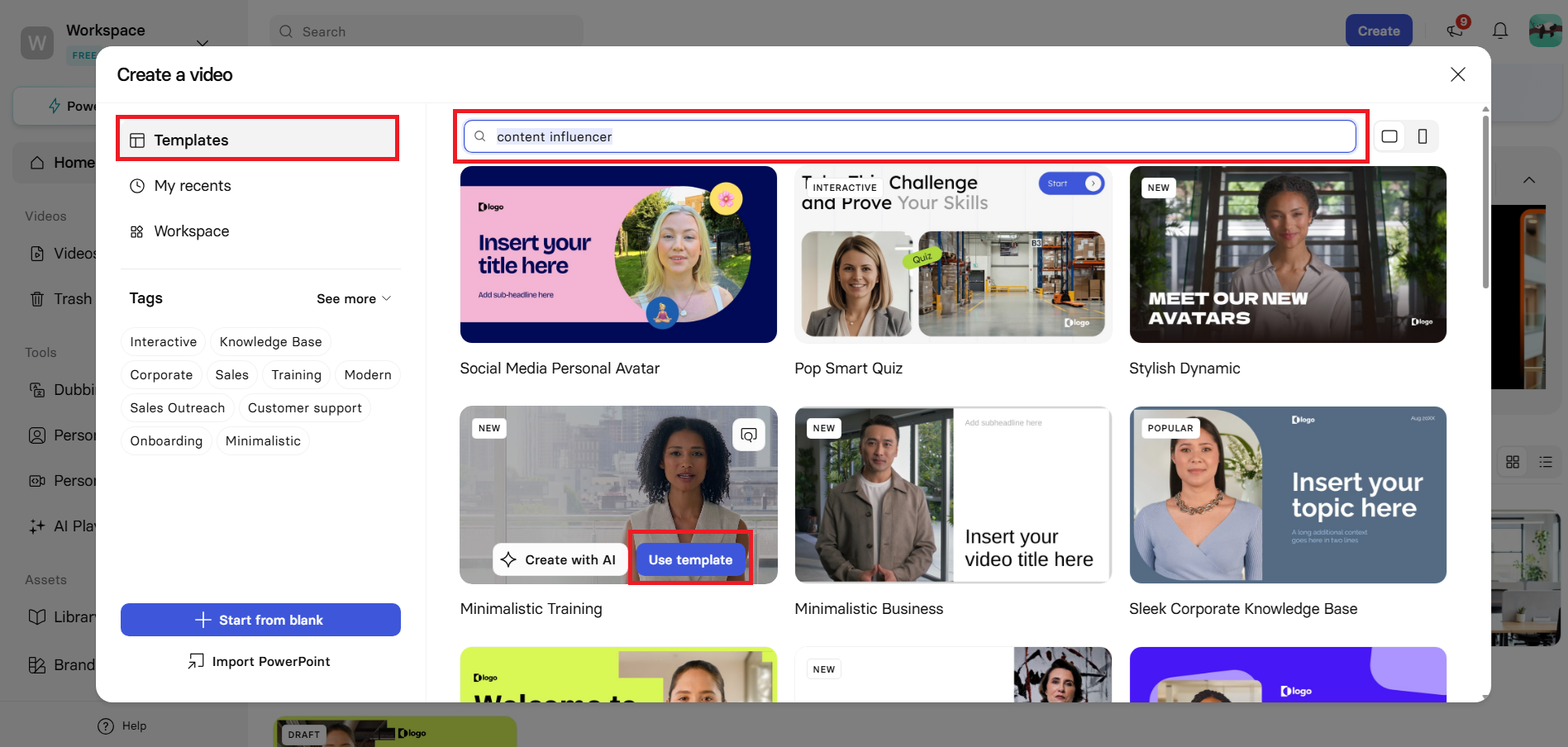 Search for influencer-style templates