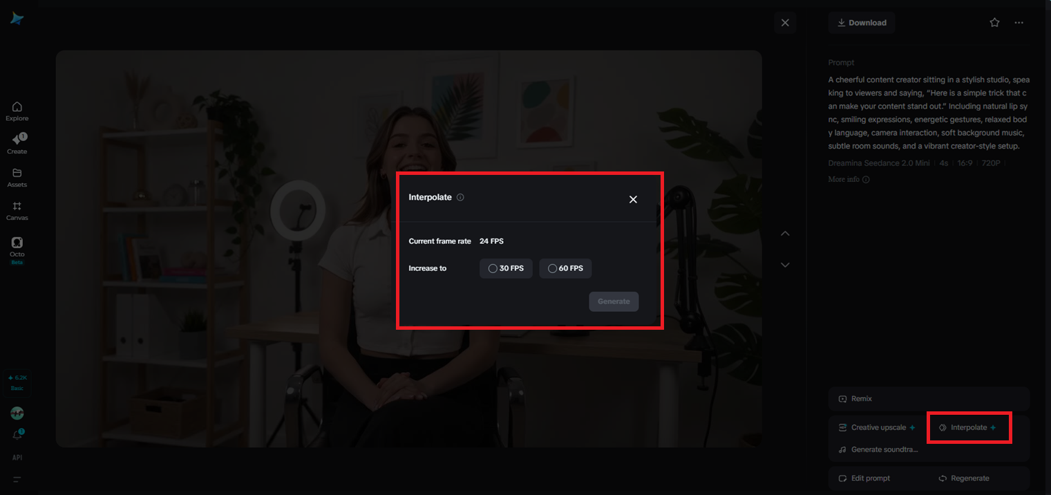 Interpolation feature in Dreamina