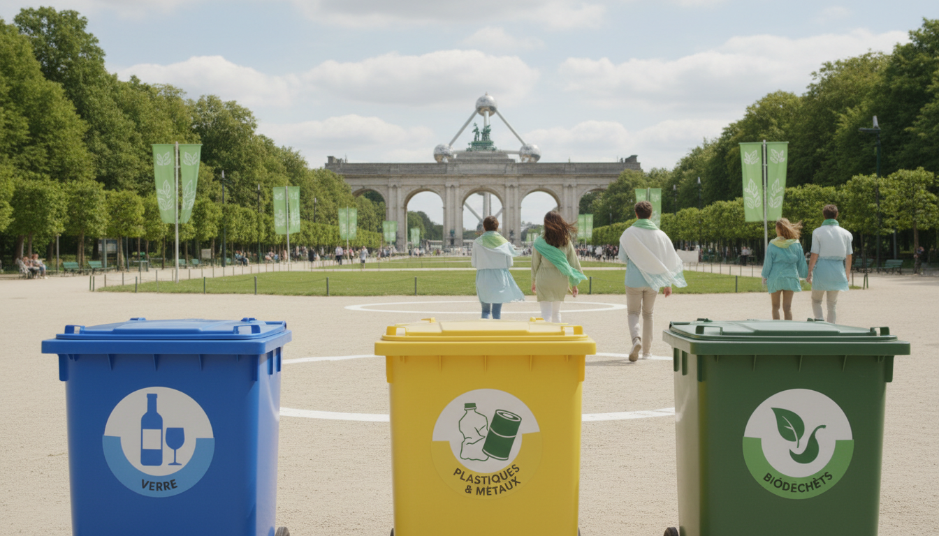 Kempen kesedaran kitar semula berhampiran Parc du Cinquantenaire dengan tong sampah dan overlay ikon; orang ditunjukkan dari belakang.