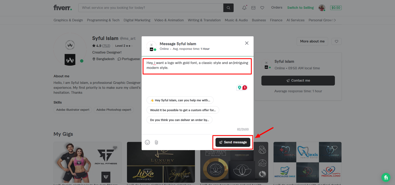 Sending message to designer