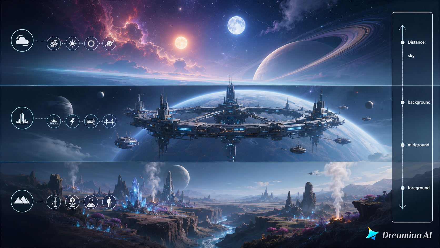 Dreamina AI generiert Sci-Fi-Landschaften mit epischen Planetenblicken, futuristischen Stadtlandschaften, außerirdischem Terrain und Tiefenhinweisen für Spiel- und Filmkonzeptkunst.