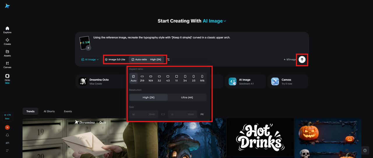 Choose the image model, settings, and generate